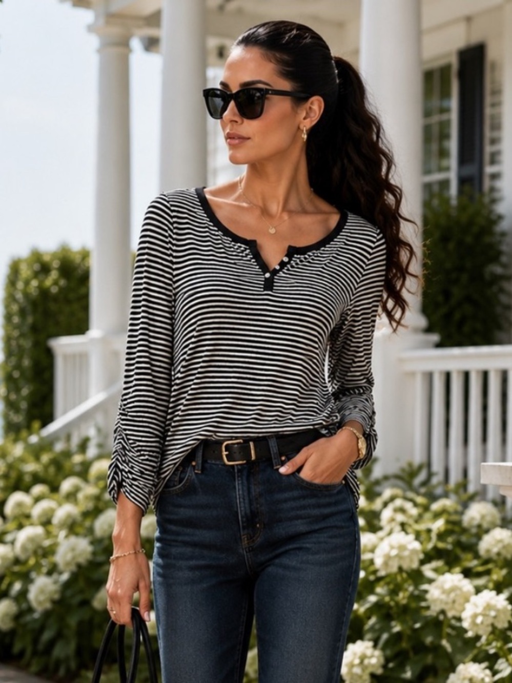 White House Black Market Black White Striped Split Neck Pearl Rhinestone Top